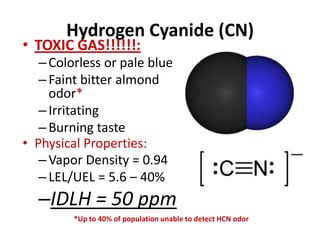 Hydrogen Cyanide (CN)
• TOXIC GAS!!!!!!:
–Colorless or pale blue
–Faint bitter almond
odor*
–Irritating
–Burning taste
• Physical Properties:
–Vapor Density = 0.94
–LEL/UEL = 5.6 – 40%
–IDLH = 50 ppm
*Up to 40% of population unable to detect HCN odor
 