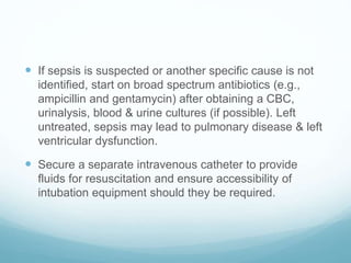  If sepsis is suspected or another specific cause is not
identified, start on broad spectrum antibiotics (e.g.,
ampicillin and gentamycin) after obtaining a CBC,
urinalysis, blood & urine cultures (if possible). Left
untreated, sepsis may lead to pulmonary disease & left
ventricular dysfunction.
 Secure a separate intravenous catheter to provide
fluids for resuscitation and ensure accessibility of
intubation equipment should they be required.
 