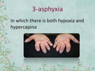3-asphyxia
In which there is both hypoxia and
hypercapina
 