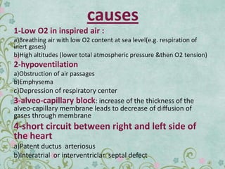 causes
1-Low O2 in inspired air :
a)Breathing air with low O2 content at sea level(e.g. respiration of
inert gases)
b)High altitudes (lower total atmospheric pressure &then O2 tension)
2-hypoventilation
a)Obstruction of air passages
b)Emphysema
c)Depression of respiratory center
3-alveo-capillary block: increase of the thickness of the
alveo-capillary membrane leads to decrease of diffusion of
gases through membrane
4-short circuit between right and left side of
the heart
a)Patent ductus arteriosus
b)Interatrial or interventriclar septal defect
 