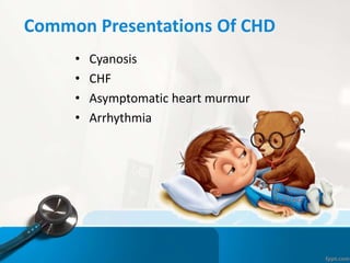 Common Presentations Of CHD
• Cyanosis
• CHF
• Asymptomatic heart murmur
• Arrhythmia
 