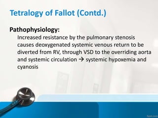 Tetralogy of Fallot (Contd.)
Pathophysiology:
Increased resistance by the pulmonary stenosis
causes deoxygenated systemic venous return to be
diverted from RV, through VSD to the overriding aorta
and systemic circulation  systemic hypoxemia and
cyanosis
 
