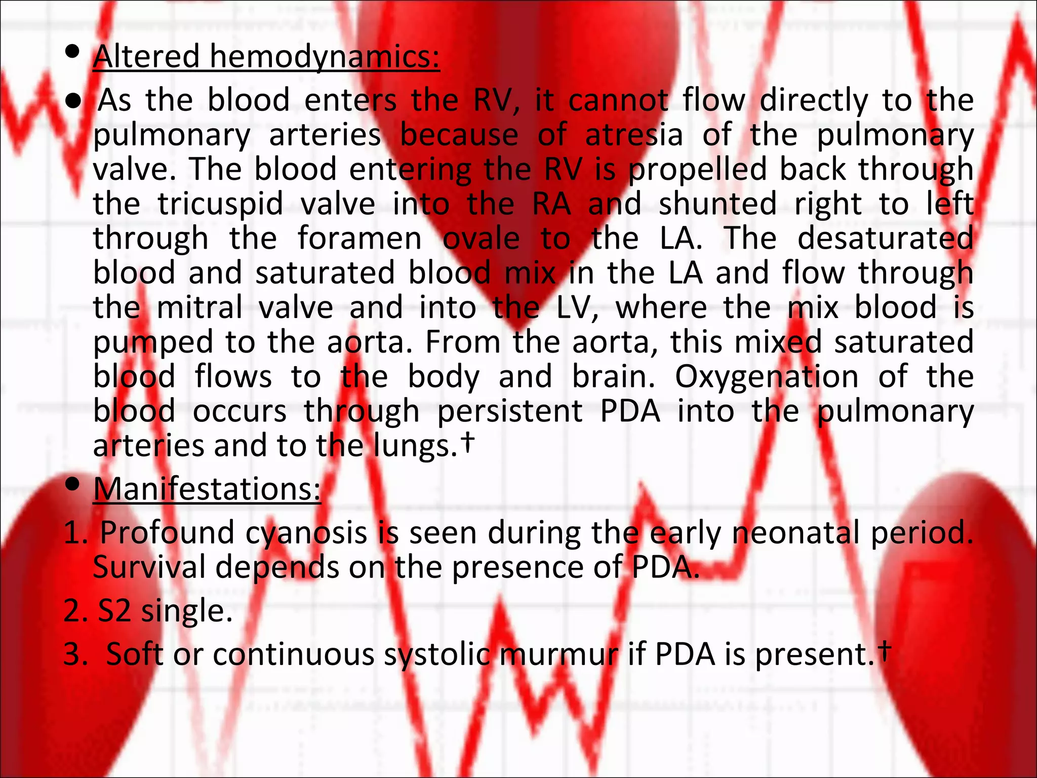 Altered hemodynamics: ●  As the blood enters the RV, it cannot flow directly to the pulmonary arteries because of atresia of the pulmonary valve. The blood entering the RV is propelled back through the tricuspid valve into the RA and shunted right to left through the foramen ovale to the LA. The desaturated blood and saturated blood mix in the LA and flow through the mitral valve and into the LV, where the mix blood is pumped to the aorta. From the aorta, this mixed saturated blood flows to the body and brain. Oxygenation of the blood occurs through persistent PDA into the pulmonary arteries and to the lungs.  Manifestations: 1. Profound cyanosis is seen during the early neonatal period. Survival depends on the presence of PDA. 2. S2 single. 3.  Soft or continuous systolic murmur if PDA is present.  