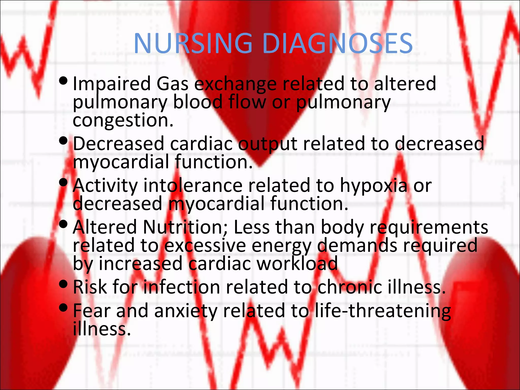 NURSING DIAGNOSES Impaired Gas exchange related to altered pulmonary blood flow or pulmonary congestion. Decreased cardiac output related to decreased myocardial function. Activity intolerance related to hypoxia or decreased myocardial function. Altered Nutrition; Less than body requirements related to excessive energy demands required by increased cardiac workload Risk for infection related to chronic illness. Fear and anxiety related to life-threatening illness. 