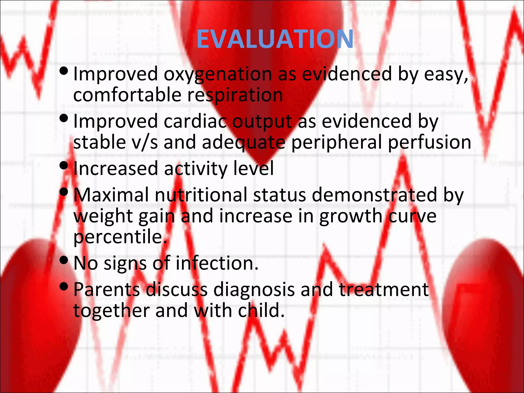 EVALUATION Improved oxygenation as evidenced by easy, comfortable respiration Improved cardiac output as evidenced by stable v/s and adequate peripheral perfusion Increased activity level Maximal nutritional status demonstrated by weight gain and increase in growth curve percentile. No signs of infection. Parents discuss diagnosis and treatment together and with child. 