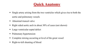 Quick Anatomy
 Single artery arising from the two ventricles which gives rise to both the
aortic and pulmonary vessels
 Abnormal truncal valve
 Right sided aortic arch in about 30% of cases (not shown)
 Large ventricular septal defect
 Pulmonary hypertension
 Complete mixing occurring at level of the great vessel
 Right-to-left shunting of blood
 