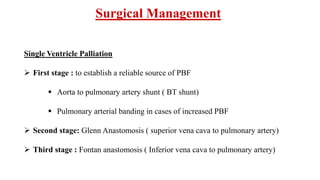 Surgical Management
Single Ventricle Palliation
 First stage : to establish a reliable source of PBF
 Aorta to pulmonary artery shunt ( BT shunt)
 Pulmonary arterial banding in cases of increased PBF
 Second stage: Glenn Anastomosis ( superior vena cava to pulmonary artery)
 Third stage : Fontan anastomosis ( Inferior vena cava to pulmonary artery)
 