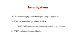 Investigations
 CXR cardiomegaly – square shaped Lung – Oligaemic
 ECG- ‘p’ pulmonale ‘p’ mitrale, RBBB
Wolff Parkinson white type conducton defect may be seen
 ECHO – displaced tricuspid valve
 