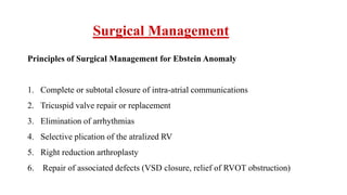 Surgical Management
Principles of Surgical Management for Ebstein Anomaly
1. Complete or subtotal closure of intra-atrial communications
2. Tricuspid valve repair or replacement
3. Elimination of arrhythmias
4. Selective plication of the atralized RV
5. Right reduction arthroplasty
6. Repair of associated defects (VSD closure, relief of RVOT obstruction)
 