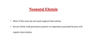 Neonatal Ebstein
• Most of the cases do not need surgical intervention.
• Severe forms with persistent cyanosis or important associated lesions will
require intervention.
 