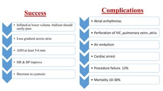 Success
.
• Inflated at lower volume -balloon should
easily pass
.
• Loss gradient across atria
.
• ASD at least 5-6 mm
.
• HR & BP improve
.
• Decrease in cyanosis
.
• Atrial arrhythmias
• Perforation of IVC ,pulmonary veins ,atria
• Air embolism
• Cardiac arrest
.
• Procedure failure. 12%
.
• Mortality 10-30%
Complications
 