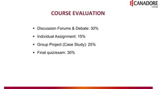 COURSE EVALUATION
 Discussion Forums & Debate: 30%
 Individual Assignment: 15%
 Group Project (Case Study): 25%
 Final...