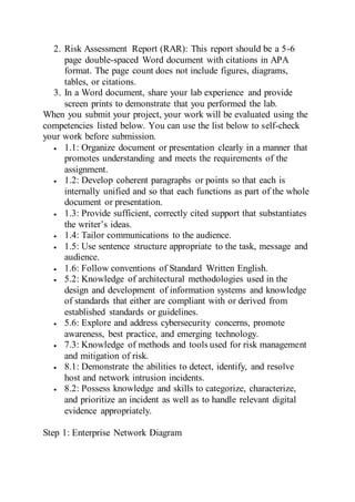 2. Risk Assessment Report (RAR): This report should be a 5-6
page double-spaced Word document with citations in APA
format. The page count does not include figures, diagrams,
tables, or citations.
3. In a Word document, share your lab experience and provide
screen prints to demonstrate that you performed the lab.
When you submit your project, your work will be evaluated using the
competencies listed below. You can use the list below to self-check
your work before submission.
 1.1: Organize document or presentation clearly in a manner that
promotes understanding and meets the requirements of the
assignment.
 1.2: Develop coherent paragraphs or points so that each is
internally unified and so that each functions as part of the whole
document or presentation.
 1.3: Provide sufficient, correctly cited support that substantiates
the writer’s ideas.
 1.4: Tailor communications to the audience.
 1.5: Use sentence structure appropriate to the task, message and
audience.
 1.6: Follow conventions of Standard Written English.
 5.2: Knowledge of architectural methodologies used in the
design and development of information systems and knowledge
of standards that either are compliant with or derived from
established standards or guidelines.
 5.6: Explore and address cybersecurity concerns, promote
awareness, best practice, and emerging technology.
 7.3: Knowledge of methods and tools used for risk management
and mitigation of risk.
 8.1: Demonstrate the abilities to detect, identify, and resolve
host and network intrusion incidents.
 8.2: Possess knowledge and skills to categorize, characterize,
and prioritize an incident as well as to handle relevant digital
evidence appropriately.
Step 1: Enterprise Network Diagram
 
