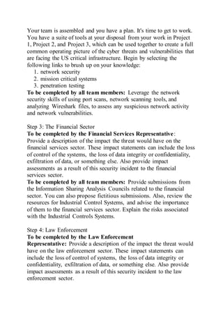 Your team is assembled and you have a plan. It's time to get to work.
You have a suite of tools at your disposal from your work in Project
1, Project 2, and Project 3, which can be used together to create a full
common operating picture of the cyber threats and vulnerabilities that
are facing the US critical infrastructure. Begin by selecting the
following links to brush up on your knowledge:
1. network security
2. mission critical systems
3. penetration testing
To be completed by all team members: Leverage the network
security skills of using port scans, network scanning tools, and
analyzing Wireshark files, to assess any suspicious network activity
and network vulnerabilities.
Step 3: The Financial Sector
To be completed by the Financial Services Representative:
Provide a description of the impact the threat would have on the
financial services sector. These impact statements can include the loss
of control of the systems, the loss of data integrity or confidentiality,
exfiltration of data, or something else. Also provide impact
assessments as a result of this security incident to the financial
services sector.
To be completed by all team members: Provide submissions from
the Information Sharing Analysis Councils related to the financial
sector. You can also propose fictitious submissions. Also, review the
resources for Industrial Control Systems, and advise the importance
of them to the financial services sector. Explain the risks associated
with the Industrial Controls Systems.
Step 4: Law Enforcement
To be completed by the Law Enforcement
Representative: Provide a description of the impact the threat would
have on the law enforcement sector. These impact statements can
include the loss of control of systems, the loss of data integrity or
confidentiality, exfiltration of data, or something else. Also provide
impact assessments as a result of this security incident to the law
enforcement sector.
 