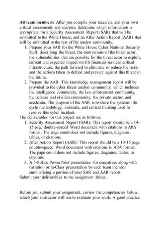 All team members: After you compile your research, and your own
critical assessments and analysis, determine which information is
appropriate for a Security Assessment Report (SAR) that will be
submitted to the White House, and an After Action Report (AAR) that
will be submitted to the rest of the analyst community.
1. Prepare your SAR for the White House Cyber National Security
Staff, describing the threat, the motivations of the threat actor,
the vulnerabilities that are possible for the threat actor to exploit,
current and expected impact on US financial services critical
infrastructure, the path forward to eliminate or reduce the risks,
and the actions taken to defend and prevent against this threat in
the future.
2. Prepare the AAR. This knowledge management report will be
provided to the cyber threat analyst community, which includes
the intelligence community, the law enforcement community,
the defense and civilian community, the private sector, and
academia. The purpose of the AAR is to share the systems life
cycle methodology, rationale, and critical thinking used to
resolve this cyber incident.
The deliverables for this project are as follows:
1. Security Assessment Report (SAR): This report should be a 14-
15 page double-spaced Word document with citations in APA
format. The page count does not include figures, diagrams,
tables, or citations.
2. After Action Report (AAR): This report should be a 10-15 page
double-spaced Word document with citations in APA format.
The page count does not include figures, diagrams, tables, or
citations.
3. A 5-8 slide PowerPoint presentation for executives along with
narration or In-Class presentation by each team member
summarizing a portion of your SAR and AAR report.
Submit your deliverables to the assignment folder.
Before you submit your assignment, review the competencies below,
which your instructor will use to evaluate your work. A good practice
 