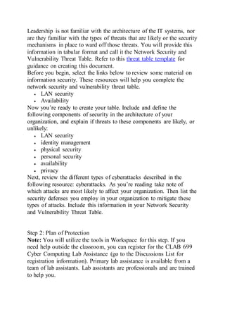 Leadership is not familiar with the architecture of the IT systems, nor
are they familiar with the types of threats that are likely or the security
mechanisms in place to ward off those threats. You will provide this
information in tabular format and call it the Network Security and
Vulnerability Threat Table. Refer to this threat table template for
guidance on creating this document.
Before you begin, select the links below to review some material on
information security. These resources will help you complete the
network security and vulnerability threat table.
 LAN security
 Availability
Now you’re ready to create your table. Include and define the
following components of security in the architecture of your
organization, and explain if threats to these components are likely, or
unlikely:
 LAN security
 identity management
 physical security
 personal security
 availability
 privacy
Next, review the different types of cyberattacks described in the
following resource: cyberattacks. As you’re reading take note of
which attacks are most likely to affect your organization. Then list the
security defenses you employ in your organization to mitigate these
types of attacks. Include this information in your Network Security
and Vulnerability Threat Table.
Step 2: Plan of Protection
Note: You will utilize the tools in Workspace for this step. If you
need help outside the classroom, you can register for the CLAB 699
Cyber Computing Lab Assistance (go to the Discussions List for
registration information). Primary lab assistance is available from a
team of lab assistants. Lab assistants are professionals and are trained
to help you.
 