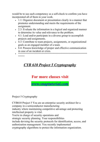 would be to use each competency as a self-check to confirm you have
incorporated all of them in your work.
• 1.1: Organize document or presentation clearly in a manner that
promotes understanding and meets the requirements of the
assignment.
• 2.3: Evaluate the information in a logical and organized manner
to determine its value and relevance to the problem.
• 4.1: Lead and/or participate in a diverse group to accomplish
projects and assignments.
• 4.3: Contribute to team projects, assignments, or organizational
goals as an engaged member of a team.
• 8.4: Possess knowledge of proper and effective communication
in case of an incident or crisis.
• ***************************************************************************
*******
CYB 610 Project 5 Cryptography
For more classes visit
www.snaptutorial.com
Project 5 Cryptography
CYB610 Project 5 You are an enterprise security architect for a
company in a semiconductor manufacturing
industry where maintaining competitive advantage and protecting
intellectual property is vital.
You're in charge of security operations and
strategic security planning. Your responsibilities
include devising the security protocols for identification, access, and
authorization management. You recently implemented
cryptography algorithms to protect the information organization.
 