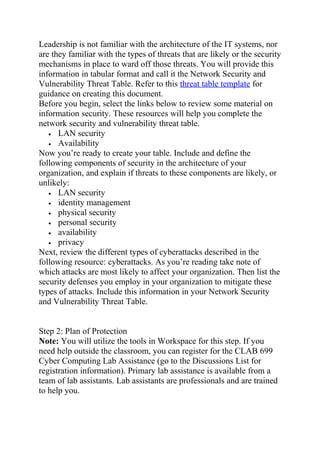 Leadership is not familiar with the architecture of the IT systems, nor
are they familiar with the types of threats that are likely or the security
mechanisms in place to ward off those threats. You will provide this
information in tabular format and call it the Network Security and
Vulnerability Threat Table. Refer to this threat table template for
guidance on creating this document.
Before you begin, select the links below to review some material on
information security. These resources will help you complete the
network security and vulnerability threat table.
• LAN security
• Availability
Now you’re ready to create your table. Include and define the
following components of security in the architecture of your
organization, and explain if threats to these components are likely, or
unlikely:
• LAN security
• identity management
• physical security
• personal security
• availability
• privacy
Next, review the different types of cyberattacks described in the
following resource: cyberattacks. As you’re reading take note of
which attacks are most likely to affect your organization. Then list the
security defenses you employ in your organization to mitigate these
types of attacks. Include this information in your Network Security
and Vulnerability Threat Table.
Step 2: Plan of Protection
Note: You will utilize the tools in Workspace for this step. If you
need help outside the classroom, you can register for the CLAB 699
Cyber Computing Lab Assistance (go to the Discussions List for
registration information). Primary lab assistance is available from a
team of lab assistants. Lab assistants are professionals and are trained
to help you.
 