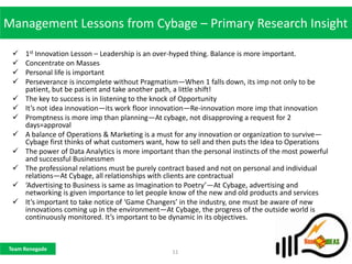 Management Lessons from Cybage – Primary Research Insight

    1st Innovation Lesson – Leadership is an over-hyped thing. Balance is more important.
    Concentrate on Masses
    Personal life is important
    Perseverance is incomplete without Pragmatism—When 1 falls down, its imp not only to be
     patient, but be patient and take another path, a little shift!
    The key to success is in listening to the knock of Opportunity
    It’s not idea innovation—its work floor innovation—Re-innovation more imp that innovation
    Promptness is more imp than planning—At cybage, not disapproving a request for 2
     days=approval
    A balance of Operations & Marketing is a must for any innovation or organization to survive—
     Cybage first thinks of what customers want, how to sell and then puts the Idea to Operations
    The power of Data Analytics is more important than the personal instincts of the most powerful
     and successful Businessmen
    The professional relations must be purely contract based and not on personal and individual
     relations—At Cybage, all relationships with clients are contractual
    ‘Advertising to Business is same as Imagination to Poetry’—At Cybage, advertising and
     networking is given importance to let people know of the new and old products and services
    It’s important to take notice of ‘Game Changers’ in the industry, one must be aware of new
     innovations coming up in the environment—At Cybage, the progress of the outside world is
     continuously monitored. It’s important to be dynamic in its objectives.



Team Renegade
                                                  11
 