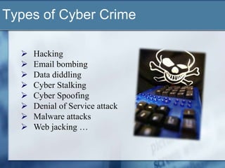Types of Cyber Crime

     Hacking
     Email bombing
     Data diddling
     Cyber Stalking
     Cyber Spoofing
     Denial of Service attack
     Malware attacks
     Web jacking …
 