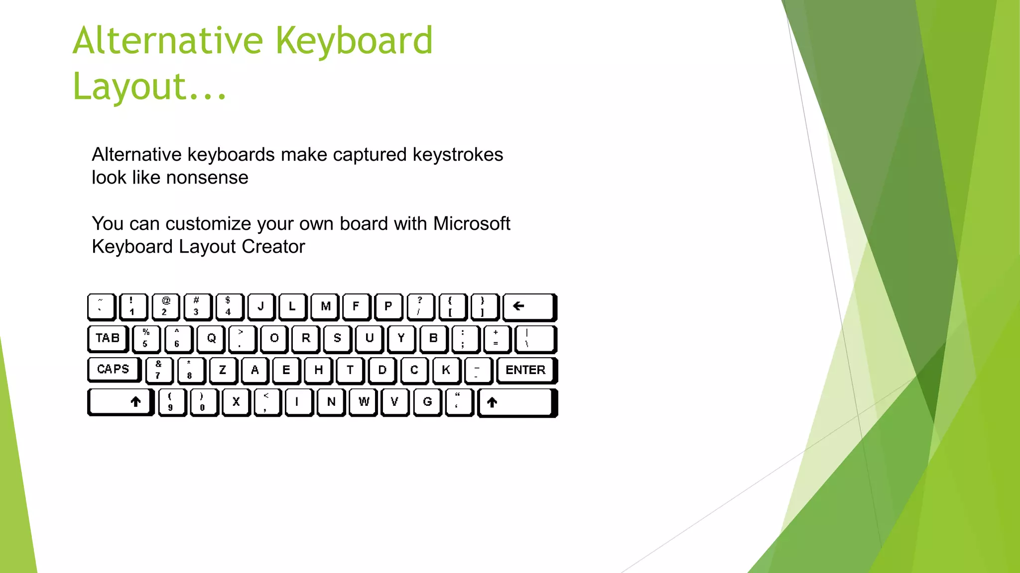 Alternative Keyboard
Layout...
Alternative keyboards make captured keystrokes
look like nonsense
You can customize your own board with Microsoft
Keyboard Layout Creator
 