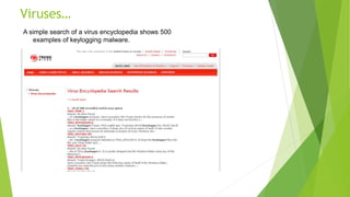 Viruses…
A simple search of a virus encyclopedia shows 500
examples of keylogging malware.
 