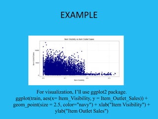 EXAMPLE
For visualization, I’ll use ggplot2 package.
ggplot(train, aes(x= Item_Visibility, y = Item_Outlet_Sales)) +
geom_point(size = 2.5, color="navy") + xlab("Item Visibility") +
ylab("Item Outlet Sales")
 