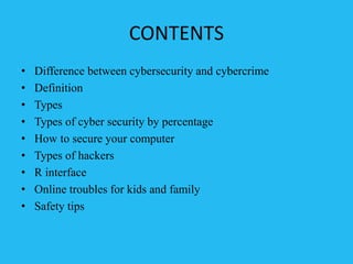 CONTENTS
• Difference between cybersecurity and cybercrime
• Definition
• Types
• Types of cyber security by percentage
• How to secure your computer
• Types of hackers
• R interface
• Online troubles for kids and family
• Safety tips
 