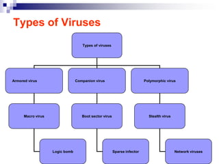 Types of Viruses
                                    Types of viruses




Armored virus                    Companion virus                          Polymorphic virus




      Macro virus                   Boot sector virus                       Stealth virus




                    Logic bomb                          Sparse infector                     Network viruses
 