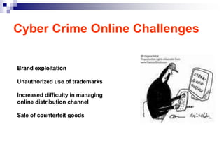 Cyber Crime Online Challenges


Brand exploitation

Unauthorized use of trademarks

Increased difficulty in managing
online distribution channel

Sale of counterfeit goods
 