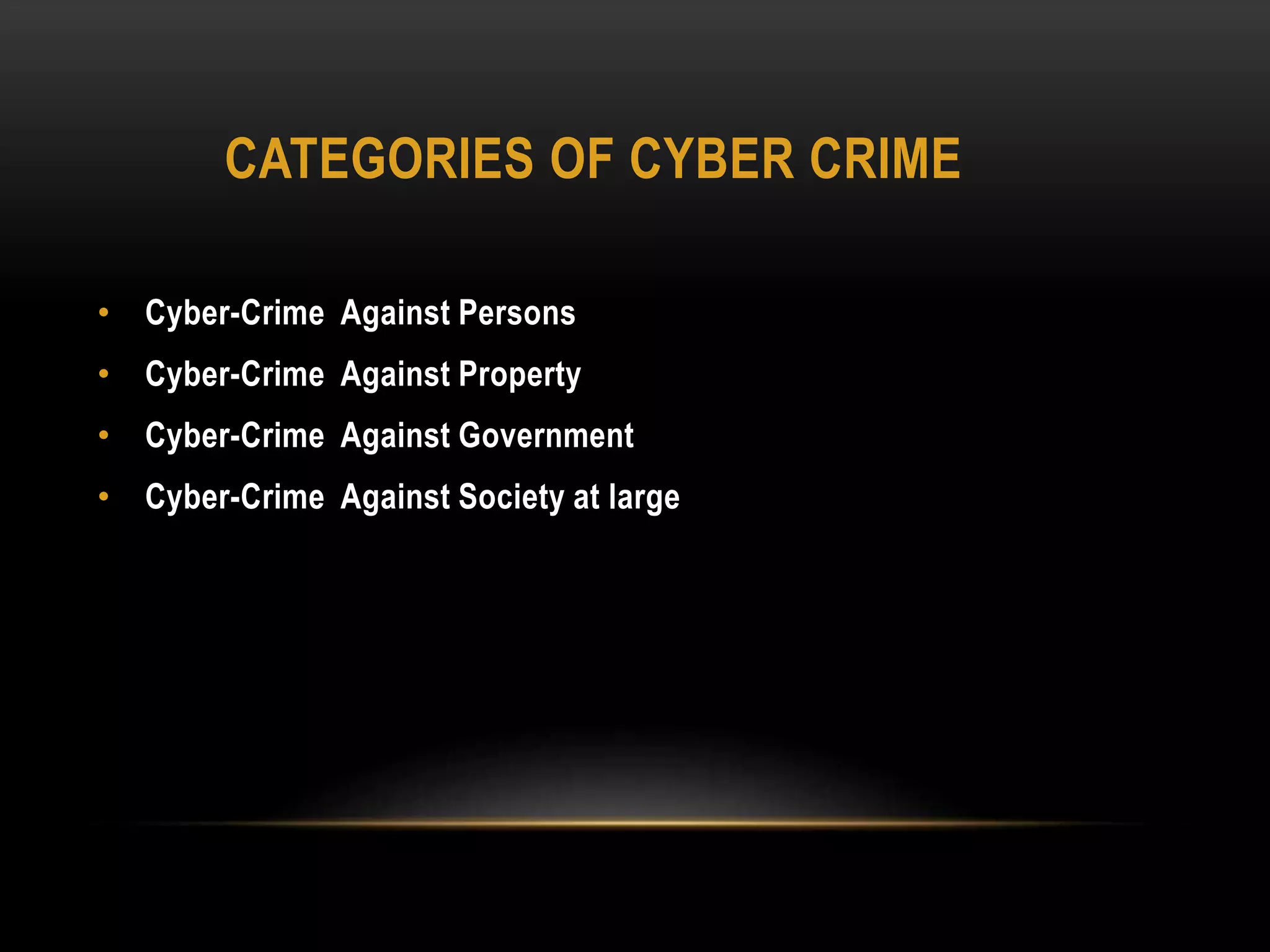 CATEGORIES OF CYBER CRIME
• Cyber-Crime Against Persons
• Cyber-Crime Against Property
• Cyber-Crime Against Government
• Cyber-Crime Against Society at large
 
