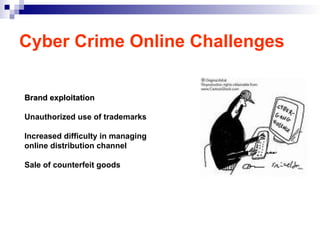 Cyber Crime Online Challenges
Brand exploitation
Brand exploitation
Unauthorized use of trademarks
Increased difficulty in managing
online distribution channel
Sale of counterfeit goods
 