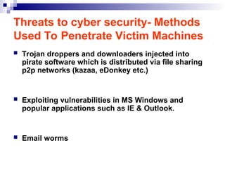 Threats to cyber security- Methods
Used To Penetrate Victim Machines
 Trojan droppers and downloaders injected into
pirate software which is distributed via file sharing
p2p networks (kazaa, eDonkey etc.)
 Exploiting vulnerabilities in MS Windows and
popular applications such as IE & Outlook.
 Email worms
 