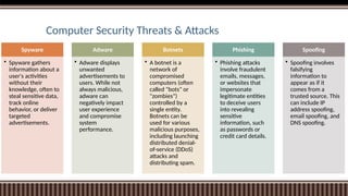Computer Security Threats & Attacks
Spyware
• Spyware gathers
information about a
user's activities
without their
knowledge, often to
steal sensitive data,
track online
behavior, or deliver
targeted
advertisements.
Adware
• Adware displays
unwanted
advertisements to
users. While not
always malicious,
adware can
negatively impact
user experience
and compromise
system
performance.
Botnets
• A botnet is a
network of
compromised
computers (often
called "bots" or
"zombies")
controlled by a
single entity.
Botnets can be
used for various
malicious purposes,
including launching
distributed denial-
of-service (DDoS)
attacks and
distributing spam.
Phishing
• Phishing attacks
involve fraudulent
emails, messages,
or websites that
impersonate
legitimate entities
to deceive users
into revealing
sensitive
information, such
as passwords or
credit card details.
Spoofing
• Spoofing involves
falsifying
information to
appear as if it
comes from a
trusted source. This
can include IP
address spoofing,
email spoofing, and
DNS spoofing.
 