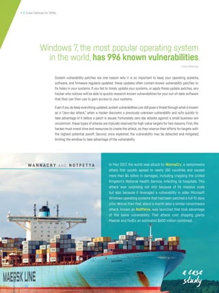 9 | Cyber Defense for SMBs
In May 2017, the world was struck by WannaCry, a ransomware
attack that quickly spread to nearly 150 countries and caused
more than $4 billion in damages, including crippling the United
Kingdom’s National Health Service, infecting 16 hospitals. This
attack was surprising not only because of its massive scale
but also because it leveraged a vulnerability in older Microsoft
Windows operating systems that had been patched a full 91 days
prior. Worse than that, about a month later a similar ransomware
attack, known as NotPetya, was launched that took advantage
of the same vulnerability. That attack cost shipping giants
Maersk and FedEx an estimated $600 million combined.
a case
study
W A N N A C R Y A N D N O T P E T Y A
Windows 7, the most popular operating system
in the world, has 996 known vulnerabilities.
—cve.mitre.org
System vulnerability patches are one reason why it is so important to keep your operating systems,
software, and firmware regularly updated; these updates often contain known vulnerability patches to
fix holes in your systems. If you fail to timely update your systems, or apply these update patches, any
hacker who notices will be able to quickly research known vulnerabilities for your out-of-date software
that they can then use to gain access to your systems.
Even ifyou do keep everything updated,system vulnerabilities can still pose a threat through what is known
as a “zero-day attack,” when a hacker discovers a previously unknown vulnerability and acts quickly to
take advantage of it before a patch is issued. Fortunately, zero-day attacks against a small business are
uncommon; these types of attacks are typically reserved for high-value targets for two reasons.First,the
hacker must invest time and resources to create the attack, so they reserve their efforts for targets with
the highest potential payoff. Second, once exploited, the vulnerability may be detected and mitigated,
limiting the window to take advantage of the vulnerability.
 
