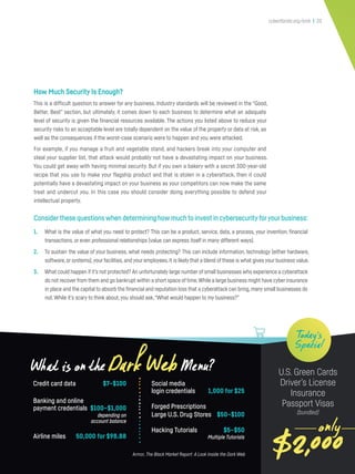 cyberflorida.org/smb | 20
How Much Security Is Enough?
This is a difficult question to answer for any business. Industry standards will be reviewed in the “Good,
Better, Best” section, but ultimately, it comes down to each business to determine what an adequate
level of security is given the financial resources available. The actions you listed above to reduce your
security risks to an acceptable level are totally dependent on the value of the property or data at risk, as
well as the consequences if the worst-case scenario were to happen and you were attacked.
For example, if you manage a fruit and vegetable stand, and hackers break into your computer and
steal your supplier list, that attack would probably not have a devastating impact on your business.
You could get away with having minimal security. But if you own a bakery with a secret 300-year-old
recipe that you use to make your flagship product and that is stolen in a cyberattack, then it could
potentially have a devastating impact on your business as your competitors can now make the same
treat and undercut you. In this case you should consider doing everything possible to defend your
intellectual property.
1. Lower-tier suppliers with poor cybersecurity practices.
2. Compromised hardware or software used by suppliers.
3. Counterfeit hardware/software with embedded malware.
4. Software vulnerabilities in supply chain management systems.
$2,000
U.S. Green Cards
Driver’s License
Insurance
Passport Visas
(bundled)
Credit card data $7–$100
Banking and online
payment credentials $100–$1,000
depending on
account balance
Airline miles 50,000 for $98.88
Social media
login credentials 1,000 for $25
Forged Prescriptions
Large U.S. Drug Stores $50–$100
Hacking Tutorials $5–$50
Multiple Tutorials
Today’s
Special
only
Armor, The Black Market Report: A Look Inside the Dark Web
Considerthese questions when determining how much to invest in cybersecurityforyourbusiness:
1. What is the value of what you need to protect? This can be a product, service, data, a process, your invention, financial
transactions, or even professional relationships (value can express itself in many different ways).
2. To sustain the value of your business, what needs protecting? This can include information, technology (either hardware,
software,or systems),your facilities,and your employees.It is likely that a blend of these is what gives your business value.
3. What could happen if it’s not protected? An unfortunately large number of small businesses who experience a cyberattack
do not recoverfrom them and go bankrupt within a short space of time.While a large business might have cyber insurance
in place and the capital to absorb the financial and reputation loss that a cyberattack can bring,many small businesses do
not.While it’s scary to think about,you should ask,“What would happen to my business?”
 