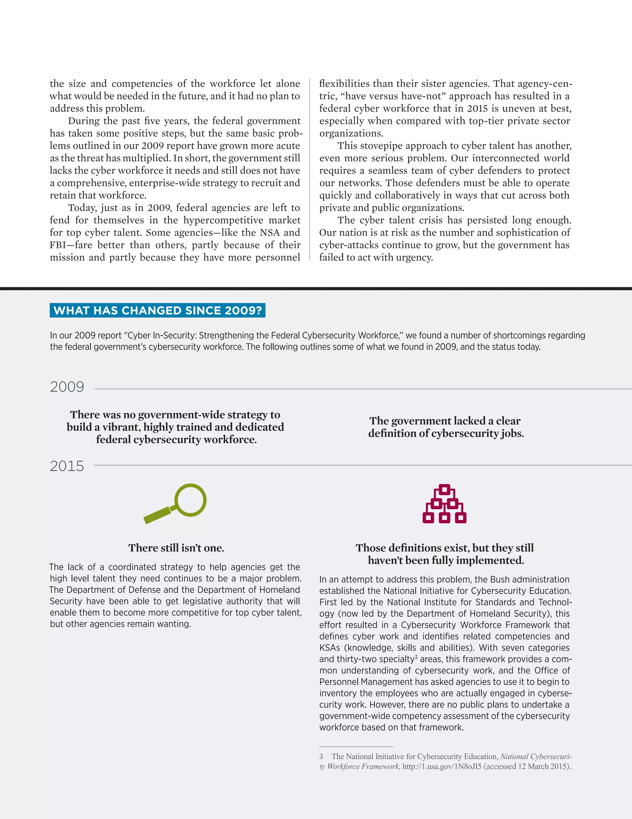 2 PARTNERSHIP FOR PUBLIC SERVICE | BOOZ ALLEN HAMILTON
the size and competencies of the workforce let alone
what would be needed in the future, and it had no plan to
address this problem.
During the past five years, the federal government
has taken some positive steps, but the same basic prob-
lems outlined in our 2009 report have grown more acute
as the threat has multiplied. In short, the government still
lacks the cyber workforce it needs and still does not have
a comprehensive, enterprise-wide strategy to recruit and
retain that workforce.
Today, just as in 2009, federal agencies are left to
fend for themselves in the hypercompetitive market
for top cyber talent. Some agencies—like the NSA and
FBI—fare better than others, partly because of their
mission and partly because they have more personnel
flexibilities than their sister agencies. That agency-cen-
tric, “have versus have-not” approach has resulted in a
federal cyber workforce that in 2015 is uneven at best,
especially when compared with top-tier private sector
organizations.
This stovepipe approach to cyber talent has another,
even more serious problem. Our interconnected world
requires a seamless team of cyber defenders to protect
our networks. Those defenders must be able to operate
quickly and collaboratively in ways that cut across both
private and public organizations.
The cyber talent crisis has persisted long enough.
Our nation is at risk as the number and sophistication of
cyber-attacks continue to grow, but the government has
failed to act with urgency.
What has changed since 2009?
In our 2009 report “Cyber In-Security: Strengthening the Federal Cybersecurity Workforce,” we found a number of shortcomings regarding
the federal government’s cybersecurity workforce. The following outlines some of what we found in 2009, and the status today.
There was no government-wide strategy to
build a vibrant, highly trained and dedicated
federal cybersecurity workforce.
The government lacked a clear
definition of cybersecurity jobs.
2009
There still isn’t one.
The lack of a coordinated strategy to help agencies get the
high level talent they need continues to be a major problem.
The Department of Defense and the Department of Homeland
Security have been able to get legislative authority that will
enable them to become more competitive for top cyber talent,
but other agencies remain wanting.
Those definitions exist, but they still
haven’t been fully implemented.
In an attempt to address this problem, the Bush administration
established the National Initiative for Cybersecurity Education.
First led by the National Institute for Standards and Technol-
ogy (now led by the Department of Homeland Security), this
effort resulted in a Cybersecurity Workforce Framework that
defines cyber work and identifies related competencies and
KSAs (knowledge, skills and abilities). With seven categories
and thirty-two specialty3
areas, this framework provides a com-
mon understanding of cybersecurity work, and the Office of
Personnel Management has asked agencies to use it to begin to
inventory the employees who are actually engaged in cyberse-
curity work. However, there are no public plans to undertake a
government-wide competency assessment of the cybersecurity
workforce based on that framework.
3	 The National Initiative for Cybersecurity Education, National Cybersecuri-
ty Workforce Framework, http://1.usa.gov/1N8oJI5 (accessed 12 March 2015).
2015
 
