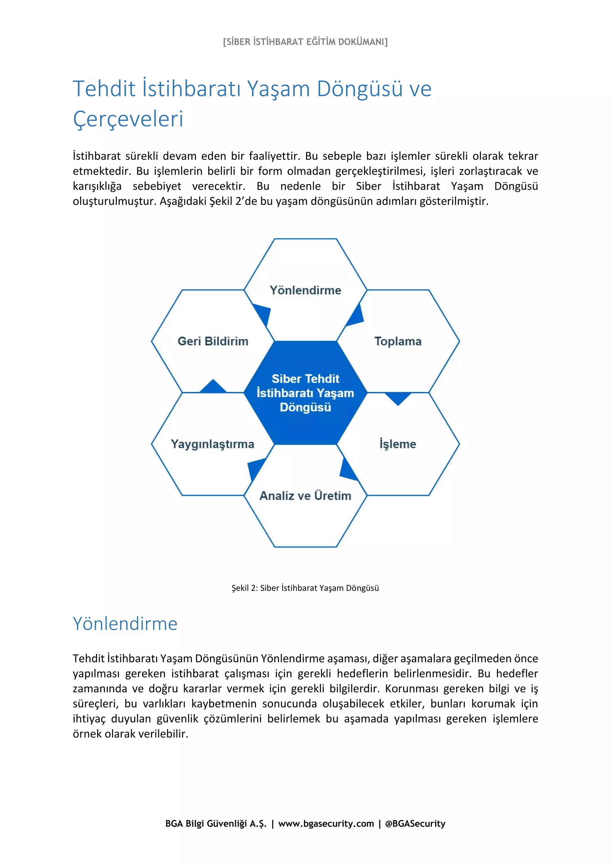 [SİBER İSTİHBARAT EĞİTİM DOKÜMANI]
BGA Bilgi Güvenliği A.Ş. | www.bgasecurity.com | @BGASecurity
Tehdit İstihbaratı Yaşam Döngüsü ve
Çerçeveleri
İstihbarat sürekli devam eden bir faaliyettir. Bu sebeple bazı işlemler sürekli olarak tekrar
etmektedir. Bu işlemlerin belirli bir form olmadan gerçekleştirilmesi, işleri zorlaştıracak ve
karışıklığa sebebiyet verecektir. Bu nedenle bir Siber İstihbarat Yaşam Döngüsü
oluşturulmuştur. Aşağıdaki Şekil 2’de bu yaşam döngüsünün adımları gösterilmiştir.
Şekil 2: Siber İstihbarat Yaşam Döngüsü
Yönlendirme
Tehdit İstihbaratı Yaşam Döngüsünün Yönlendirme aşaması, diğer aşamalara geçilmeden önce
yapılması gereken istihbarat çalışması için gerekli hedeflerin belirlenmesidir. Bu hedefler
zamanında ve doğru kararlar vermek için gerekli bilgilerdir. Korunması gereken bilgi ve iş
süreçleri, bu varlıkları kaybetmenin sonucunda oluşabilecek etkiler, bunları korumak için
ihtiyaç duyulan güvenlik çözümlerini belirlemek bu aşamada yapılması gereken işlemlere
örnek olarak verilebilir.
 