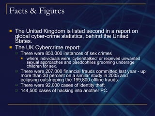 Facts & Figures The United Kingdom is listed second in a report on global cyber-crime statistics, behind the United States. The UK Cybercrime report: There were 850,000 instances of sex crimes where individuals were ‘cyberstalked’ or received unwanted sexual approaches and paedophiles grooming underage children for sex.  There were 207,000 financial frauds committed last year - up more than 30 percent on a similar study in 2005 and eclipsing outstripping the 199,800 offline frauds. There were 92,000 cases of identity theft 144,500 cases of hacking into another PC. 