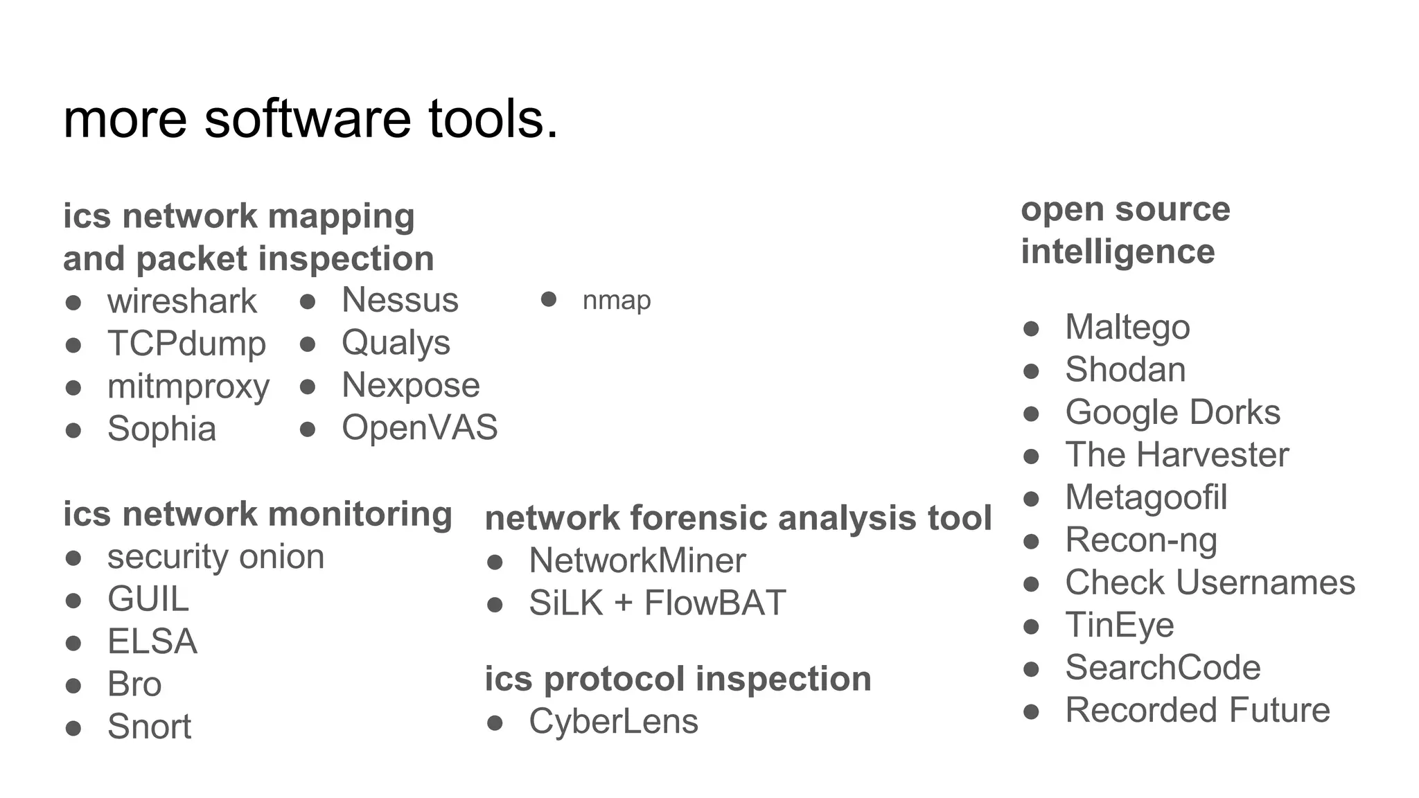 more software tools.
ics network mapping
and packet inspection
● wireshark
● TCPdump
● mitmproxy
● Sophia
ics network monitoring
● security onion
● GUIL
● ELSA
● Bro
● Snort
network forensic analysis tool
● NetworkMiner
● SiLK + FlowBAT
ics protocol inspection
● CyberLens
open source
intelligence
● Maltego
● Shodan
● Google Dorks
● The Harvester
● Metagoofil
● Recon-ng
● Check Usernames
● TinEye
● SearchCode
● Recorded Future
● Nessus
● Qualys
● Nexpose
● OpenVAS
● nmap
 