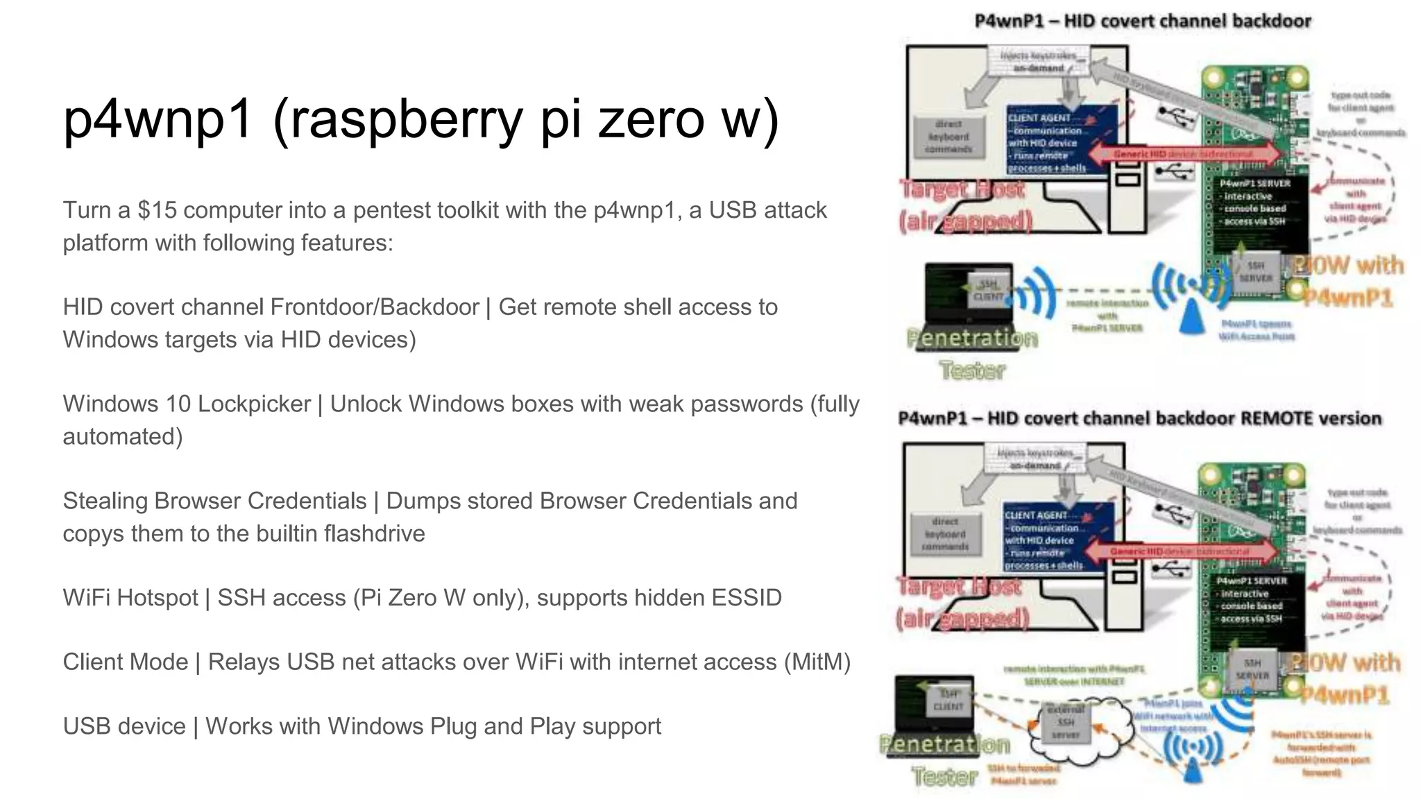 p4wnp1 (raspberry pi zero w)
Turn a $15 computer into a pentest toolkit with the p4wnp1, a USB attack
platform with following features:
HID covert channel Frontdoor/Backdoor | Get remote shell access to
Windows targets via HID devices)
Windows 10 Lockpicker | Unlock Windows boxes with weak passwords (fully
automated)
Stealing Browser Credentials | Dumps stored Browser Credentials and
copys them to the builtin flashdrive
WiFi Hotspot | SSH access (Pi Zero W only), supports hidden ESSID
Client Mode | Relays USB net attacks over WiFi with internet access (MitM)
USB device | Works with Windows Plug and Play support
 