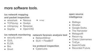more software tools.
ics network mapping
and packet inspection
● wireshark
● TCPdump
● mitmproxy
● Sophia
ics network monitoring
● security onion
● GUIL
● ELSA
● Bro
● Snort
network forensic analysis tool
● NetworkMiner
● SiLK + FlowBAT
ics protocol inspection
● CyberLens
open source
intelligence
● Maltego
● Shodan
● Google Dorks
● The Harvester
● Metagoofil
● Recon-ng
● Check Usernames
● TinEye
● SearchCode
● Recorded Future
● Nessus
● Qualys
● Nexpose
● OpenVAS
● nmap
 