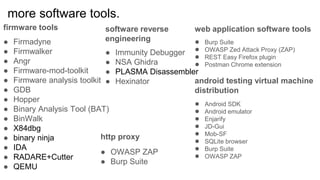 more software tools.
firmware tools
● Firmadyne
● Firmwalker
● Angr
● Firmware-mod-toolkit
● Firmware analysis toolkit
● GDB
● Hopper
● Binary Analysis Tool (BAT)
● BinWalk
● X84dbg
● binary ninja
● IDA
● RADARE+Cutter
● QEMU
software reverse
engineering
● Immunity Debugger
● NSA Ghidra
● PLASMA Disassembler
● Hexinator
web application software tools
● Burp Suite
● OWASP Zed Attack Proxy (ZAP)
● REST Easy Firefox plugin
● Postman Chrome extension
android testing virtual machine
distribution
● Android SDK
● Android emulator
● Enjarify
● JD-Gui
● Mob-SF
● SQLite browser
● Burp Suite
● OWASP ZAP
http proxy
● OWASP ZAP
● Burp Suite
 