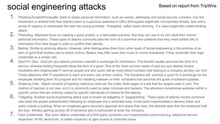 social engineering attacks
1. Phishing Emails/Phonecalls: Seek to obtain personal information, such as names, addresses and social security numbers. Use link
shorteners or embed links that redirect users to suspicious websites in URLs that appear legitimate. Incorporates threats, fear and a
sense of urgency to manipulate the user into acting promptly. If targeted, called spear phishing. If a value target also called whaling
attack.
2. Pretexting: Attackers focus on creating a good pretext, or a fabricated scenario, that they can use to try and steal their victims’
personal information. These types of attacks commonly take the form of a scammer who pretends that they need certain bits of
information from their target in order to confirm their identity.
3. Baiting: Similar to phishing attacks. However, what distinguishes them from other types of social engineering is the promise of an
item or good that hackers use to entice victims. Baiters may offer users free music or movie downloads, if they surrender their login
credentials to a certain site.
4. Quid Pro Quo: Quid pro quo attacks promise a benefit in exchange for information. This benefit usually assumes the form of a
service, whereas baiting frequently takes the form of a good. One of the most common types of quid pro quo attacks involve
fraudsters who impersonate IT service people and who spam call as many direct numbers that belong to a company as they can find.
These attackers offer IT assistance to each and every one of their victims. The fraudsters will promise a quick fix in exchange for the
employee disabling their AV program and for installing malware on their computers that assumes the guise of software updates.
5. Watering Hole: Attack consists of injecting malicious code into the public Web pages of a site that the targets used to visit. The
method of injection is not new, and it is commonly used by cyber criminals and hackers. The attackers compromise websites within a
specific sector that are ordinary visited by specific individuals of interest for the attacks.
6. Tailgating: Another social engineering attack type is known as tailgating or “piggybacking.” These types of attacks involve someone
who lacks the proper authentication following an employee into a restricted area. A bad actor impersonates a delivery driver and
waits outside a building. When an employee gains security’s approval and opens their door, the attacker asks that the employee hold
the door, thereby gaining access off of someone who is authorized to enter the company.
7. Fake Credentials: Bad actor attains credentials of a third-party contractor and impersonates personnel (e.g. telephone service
repairman, HVAC technician, or safety inspector) to gain access to restricted areas.
Based on report from TripWire
 