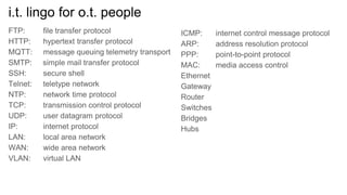 i.t. lingo for o.t. people
FTP: file transfer protocol
HTTP: hypertext transfer protocol
MQTT: message queuing telemetry transport
SMTP: simple mail transfer protocol
SSH: secure shell
Telnet: teletype network
NTP: network time protocol
TCP: transmission control protocol
UDP: user datagram protocol
IP: internet protocol
LAN: local area network
WAN: wide area network
VLAN: virtual LAN
ICMP: internet control message protocol
ARP: address resolution protocol
PPP: point-to-point protocol
MAC: media access control
Ethernet
Gateway
Router
Switches
Bridges
Hubs
 