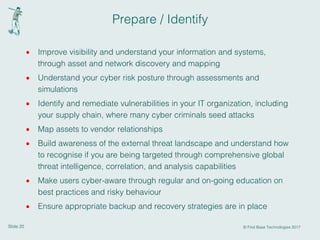 Slide 20 © First Base Technologies 2017
Prepare / Identify
· Improve visibility and understand your information and systems,
through asset and network discovery and mapping
· Understand your cyber risk posture through assessments and
simulations
· Identify and remediate vulnerabilities in your IT organization, including
your supply chain, where many cyber criminals seed attacks
· Map assets to vendor relationships
· Build awareness of the external threat landscape and understand how
to recognise if you are being targeted through comprehensive global
threat intelligence, correlation, and analysis capabilities
· Make users cyber-aware through regular and on-going education on
best practices and risky behaviour
· Ensure appropriate backup and recovery strategies are in place
 