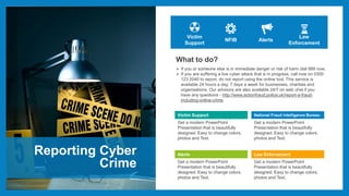 Reporting Cyber
Crime
Victim
Support
NFIB Alerts
What to do?
 If you or someone else is in immediate danger or risk of harm dial 999 now.
 If you are suffering a live cyber attack that is in progress, call now on 0300
123 2040 to report, do not report using the online tool. This service is
available 24 hours a day, 7 days a week for businesses, charities and
organisations. Our advisors are also available 24/7 on web chat if you
have any questions - http://www.actionfraud.police.uk/report-a-fraud-
including-online-crime
Victim Support
Get a modern PowerPoint
Presentation that is beautifully
designed. Easy to change colors,
photos and Text.
National Fraud Intelligence Bureau
Get a modern PowerPoint
Presentation that is beautifully
designed. Easy to change colors,
photos and Text.
Alerts
Get a modern PowerPoint
Presentation that is beautifully
designed. Easy to change colors,
photos and Text.
Law Enforcement
Get a modern PowerPoint
Presentation that is beautifully
designed. Easy to change colors,
photos and Text.
Law
Enforcement
 