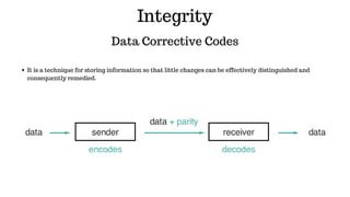Integrity
Data Corrective Codes
It is a technique for storing information so that little changes can be effectively distinguished and
consequently remedied.
 