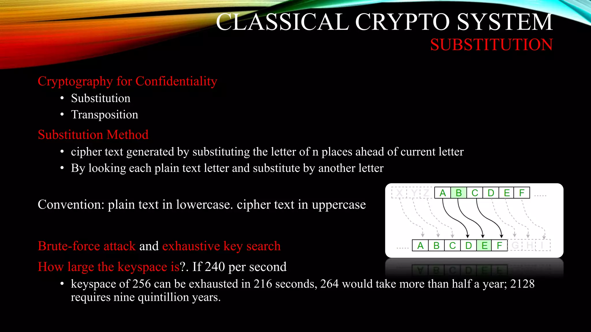 CLASSICAL CRYPTO SYSTEM
SUBSTITUTION
Cryptography for Confidentiality
• Substitution
• Transposition
Substitution Method
• cipher text generated by substituting the letter of n places ahead of current letter
• By looking each plain text letter and substitute by another letter
Convention: plain text in lowercase. cipher text in uppercase
Brute-force attack and exhaustive key search
How large the keyspace is?. If 240 per second
• keyspace of 256 can be exhausted in 216 seconds, 264 would take more than half a year; 2128
requires nine quintillion years.
 