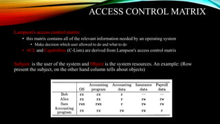 ACCESS CONTROL MATRIX
Lampson's access control matrix
• this matrix contains all of the relevant information needed by an operating system
• Make decision which user allowed to do and what to do
• ACL and Capabilities (C-Lists) are derived from Lampson's access control matrix
Subject: is the user of the system and Object is the system resources. An example: (Row
present the subject, on the other hand column tells about objects)
 